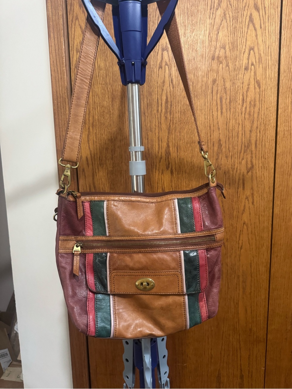 Leather Multi-Color Crossbody Bag - Brown with Pink & Green Accents